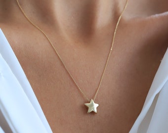 Gold Shining Star Necklace, 14K Gold Necklace, Minimal Invisible Chain Necklace, 3D Floating Star Pendant, Dainty Layering Necklace