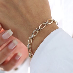14K Gold Tri Colour Round Chain Bracelet, Mixed Chain Bracelet, Minimalist Jewelry, Chunky Gold Chain, Double Curb Chain, Hallow, Real Gold