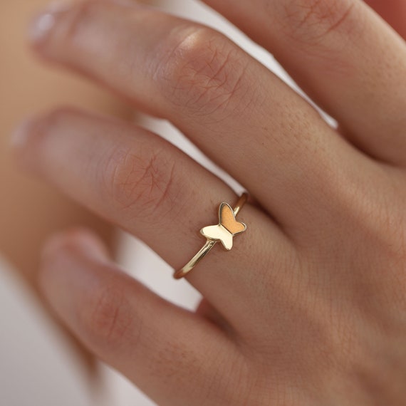 Dainty Solid Gold Butterfly Ring 14K Gold Stacking Ring Gift