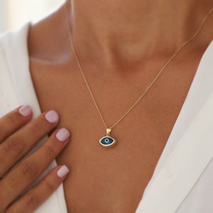 Mini Modern Evil Eye Pendant, 14K, Real Gold Jewelry, Minimalist, Simple Necklace, Mother's Day, Layering Necklace, Gift for Her, Protection