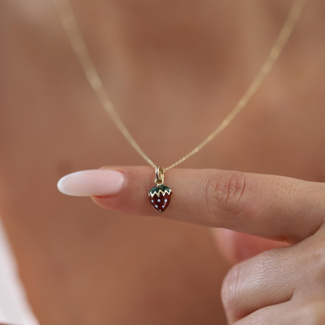 14k Gold Strawberry Necklace, Gold Strawberry Enamel Necklace, Mini