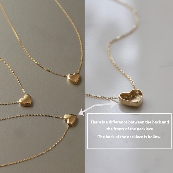 14K Gold Herz Halskette, Echtes Gold, Mini 3D Herz Anhänger