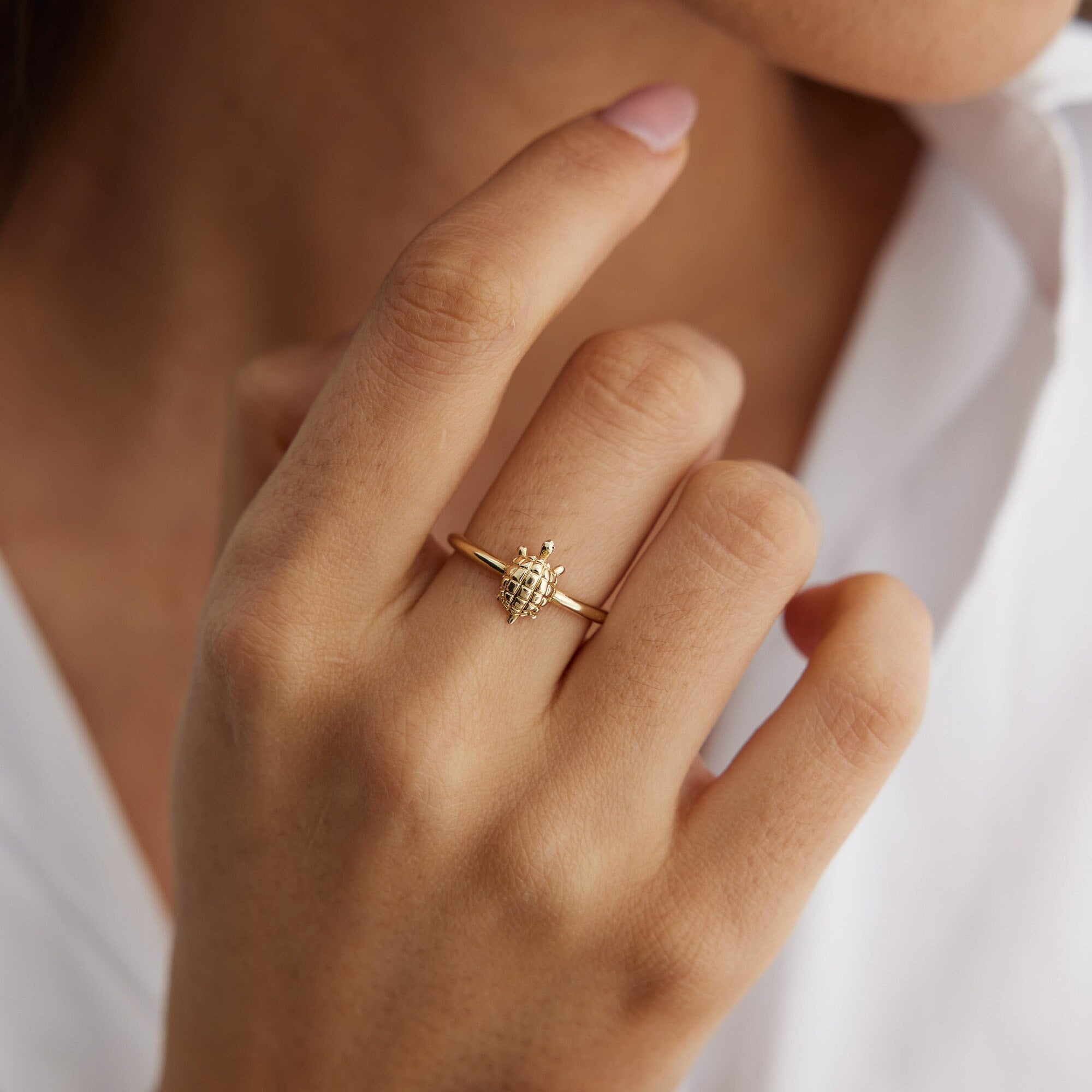 14K Gold Turtle Ring, Minimal Stackable Ring, Tortoise, Beach