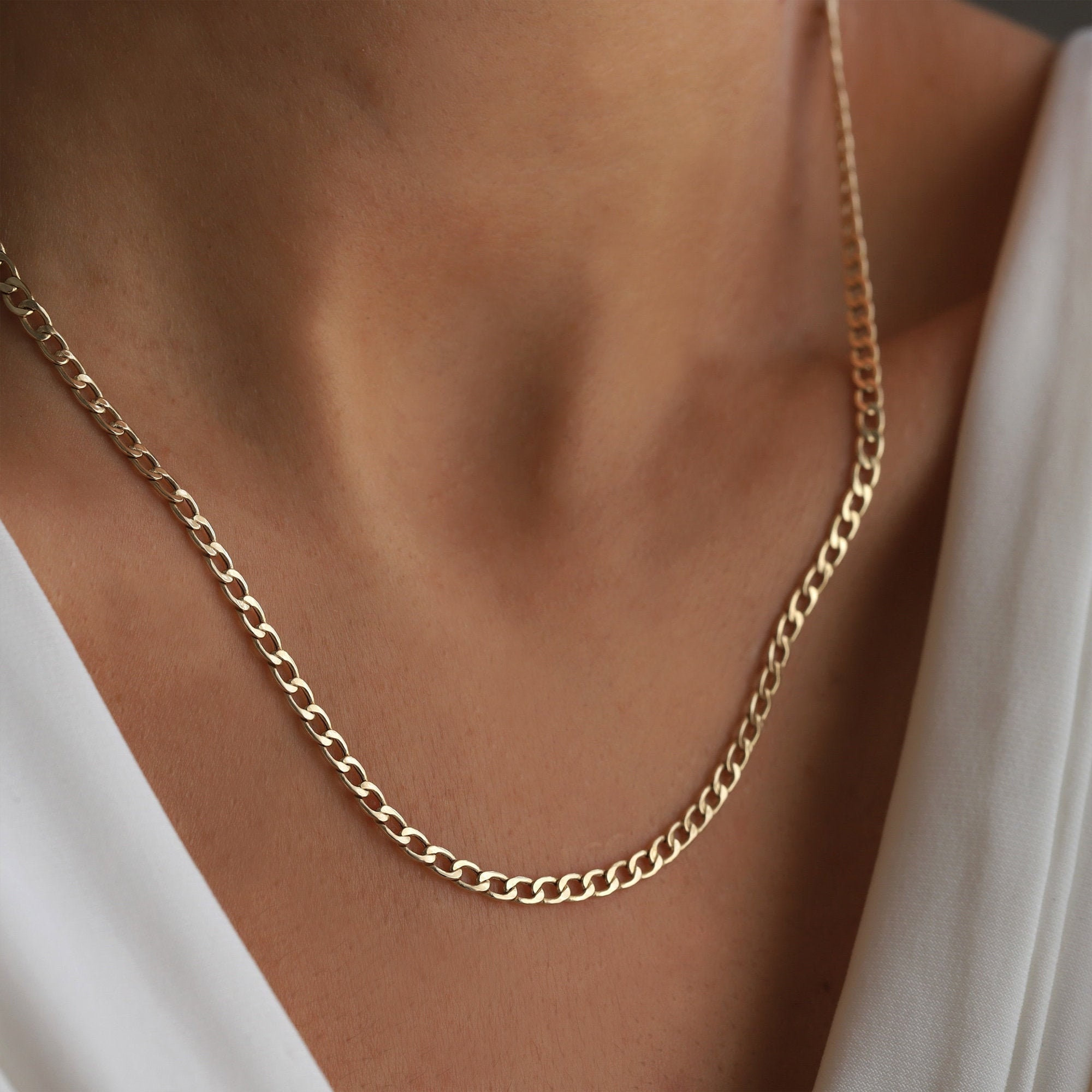 14K Gold 3.2mm Cuban Curb Chain Necklace Real Gold Chain 