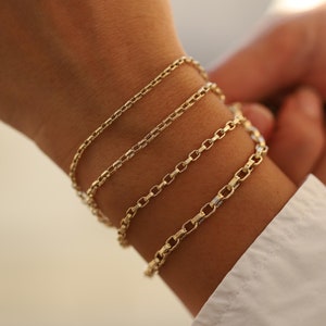 14K Gold Square Rolo Link Bracelet, Bold Link, Staple Chain, Rectangle Link, Layering Chain, Minimalist, 2mm, 2.4mm, 2.7mm, 3.8mm