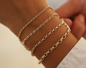 14K Gold Square Rolo Link Bracelet, Handmade Staple Chain