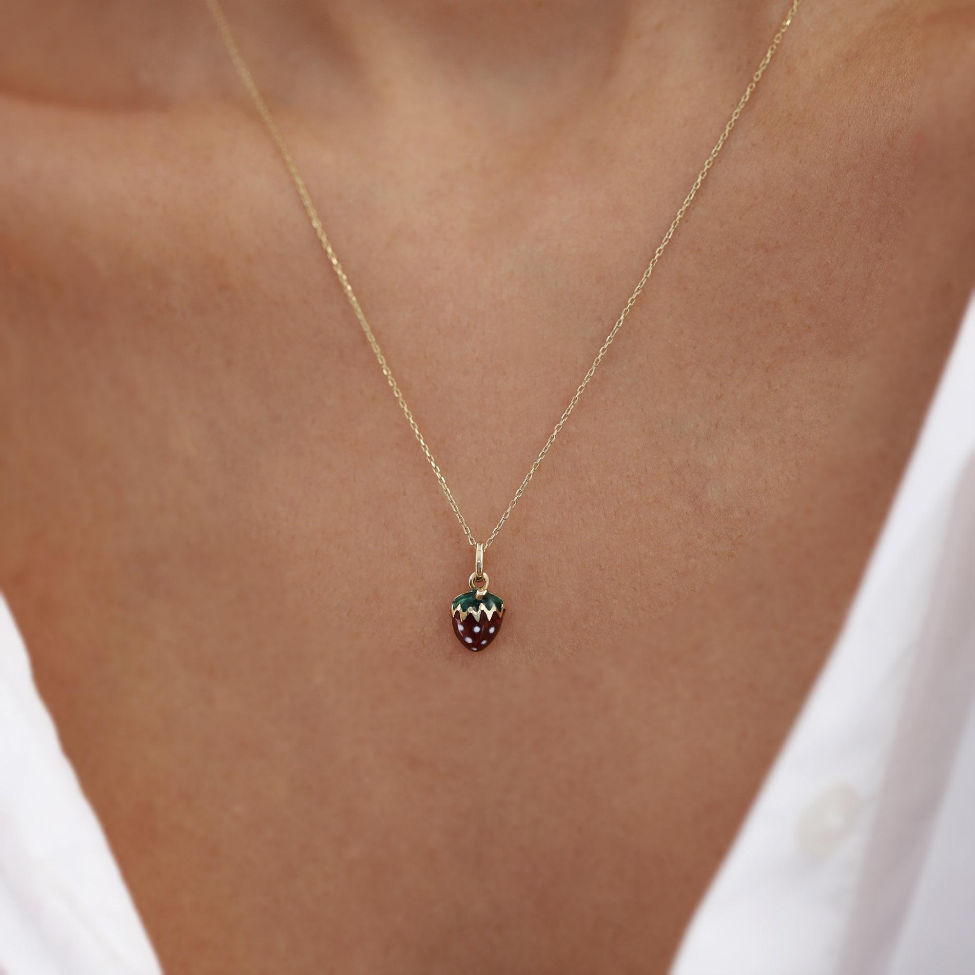 14k Gold Strawberry Necklace, Gold Strawberry Enamel Necklace, Mini