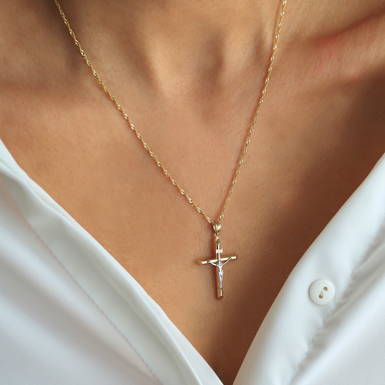 14k Gold Cross Pendant Singapore Chain Necklace Religious Etsy