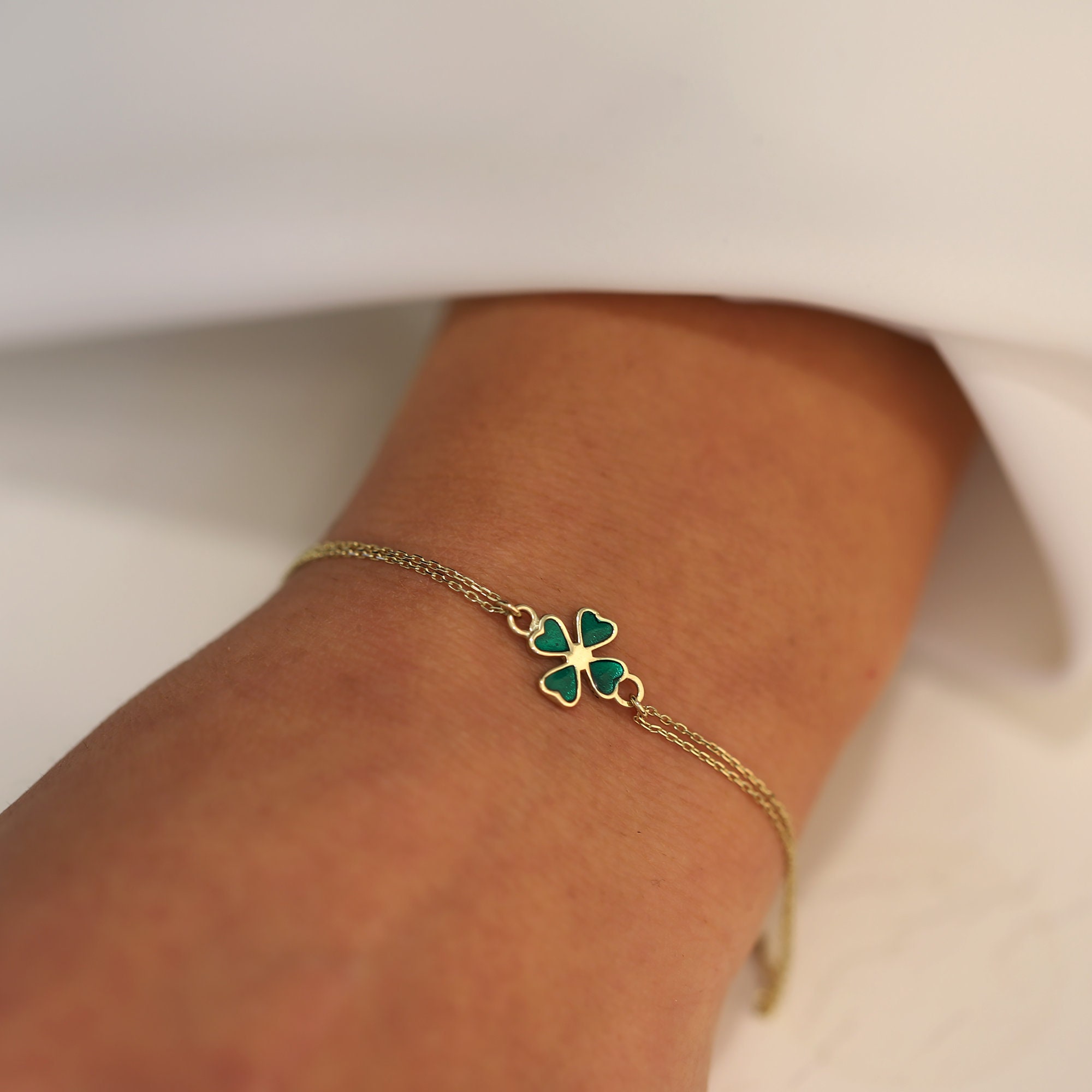 14K Solid Gold Green Clover Bracelet | 14K Yellow Gold Four Leaf Clover Bracelets for Women | Dainty Gold Luck Bracelets | Women's 14K Gold Jewelry