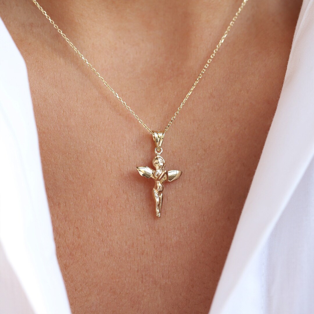 14k Solid Gold Angel Pendant, Gold Cherub Necklace, Zirconia Diamond