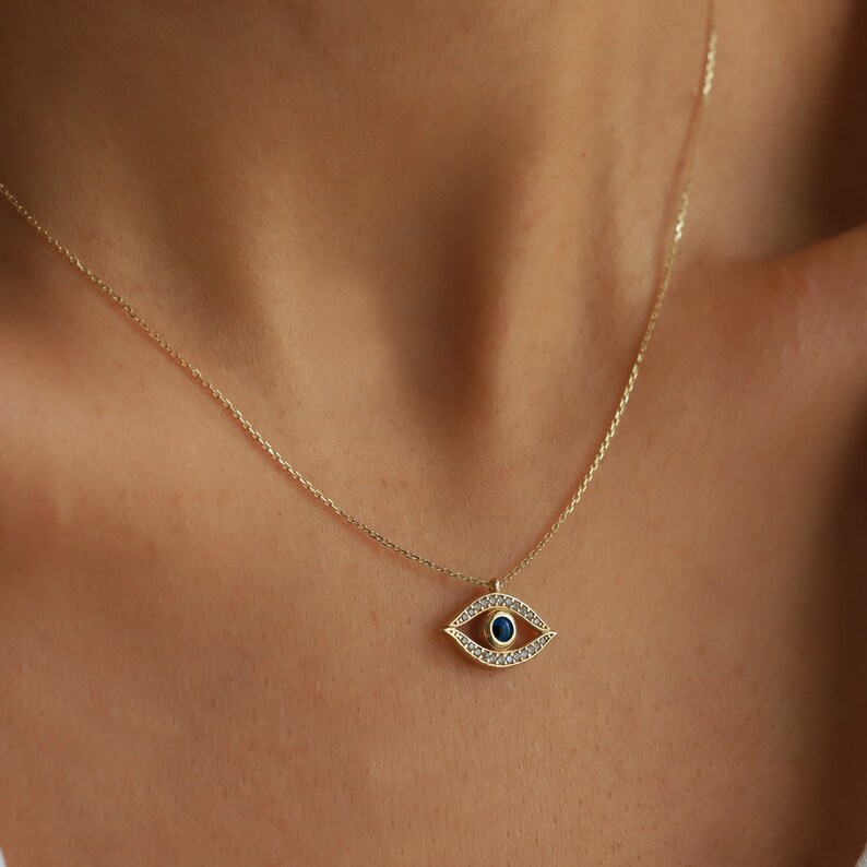 14K Gold Evil Eye Pendant Pavé Zircon Diamonds Minimalist Etsy