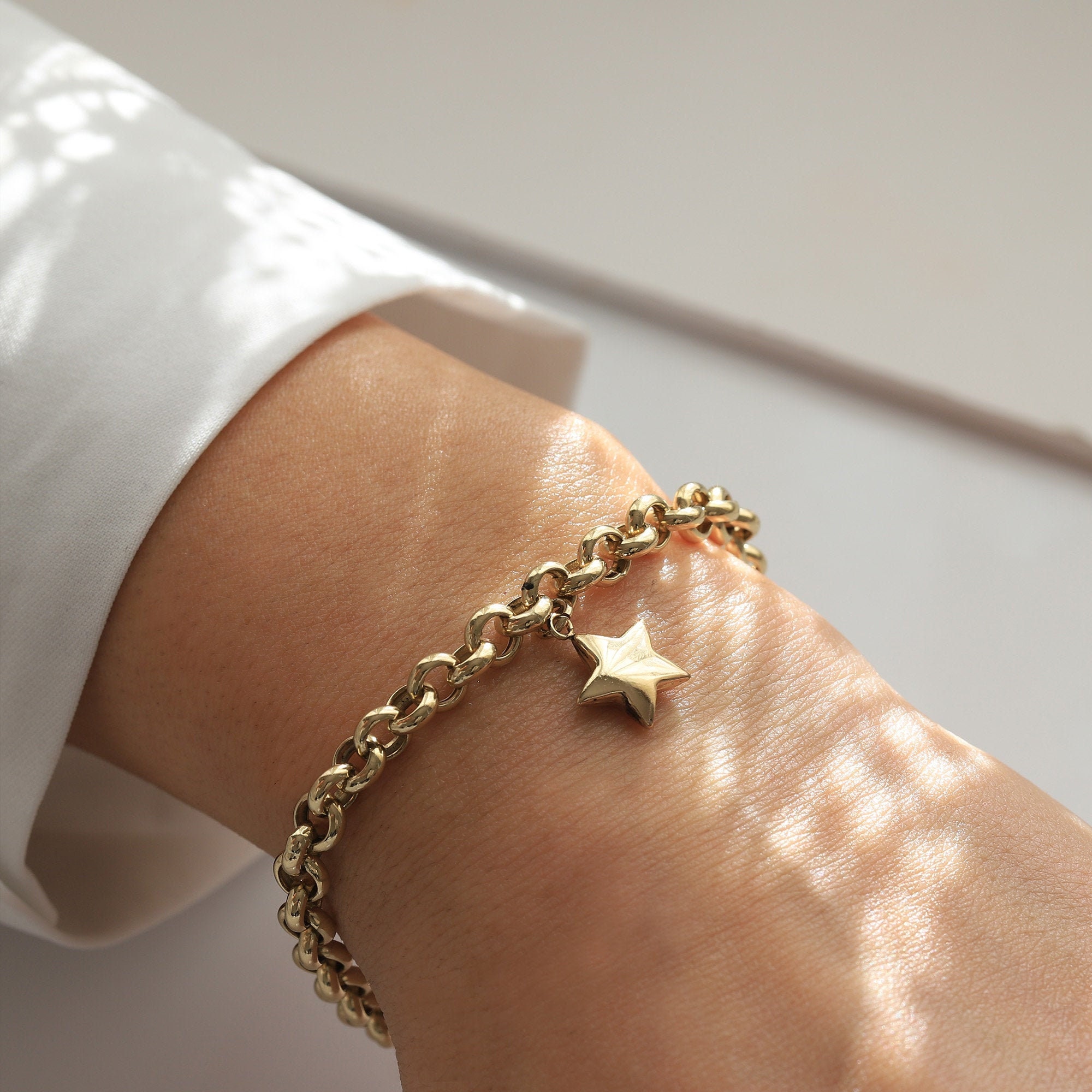 14K Gold Star Charm Bracelet, Yellow Gold Rolo Chain - Etsy