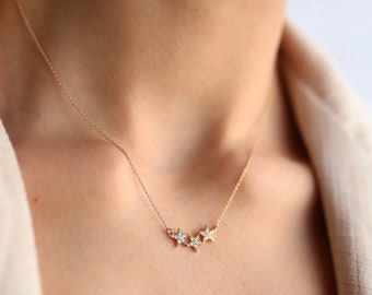 Diamond Star Trio Pendant, Star Necklace, 14K Gold, Celestial, Layering Necklace, Gift for Her, Gold Chain, Star Jewelry, Minimal Jewelry