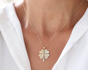 14K Gold Lucky Clover Pendant, Minimalist Shamrock Necklace