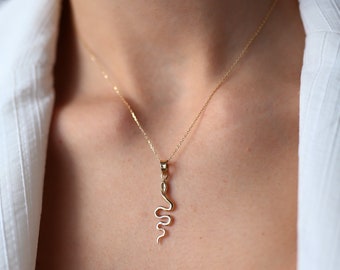 Thin Serpent Pendant, Snake Necklace, 14K Gold, Symbolic Jewelry, Gift for Her, Gold Layering Chain, Animal Jewelry, Rose Gold, White Gold