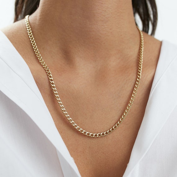 14K Gold 3.8 mm Curb Chain Necklace, Real Gold Necklace, Cuban Link  Necklace, Layering Jewelry, Valentine's Day, Mother's Day, Minimalist