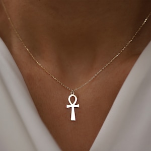 Egyptian Symbol for Life Charm Pendant 10 X 25mm 14k Yellow Gold Mini Ankh Cross with 18 Rolo Chain 