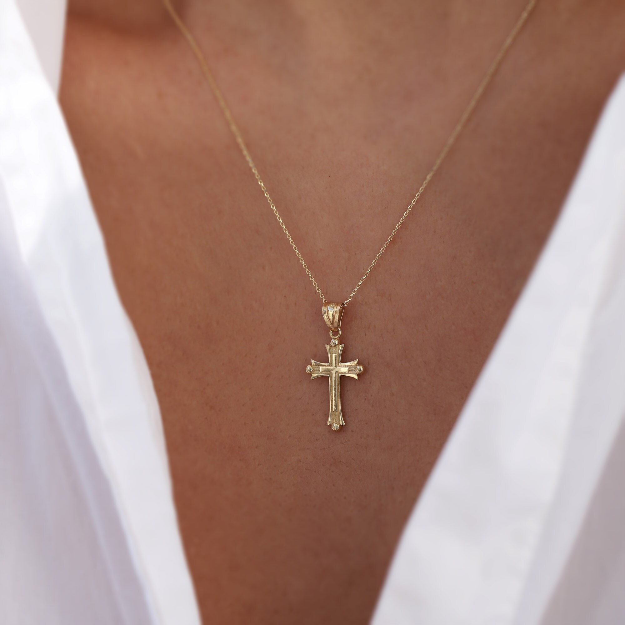 【14K】(14金) bold mini cross necklace クロスネックレス Diamond Cross Necklace / Tiny Diamond Cross Pendant / 14k
