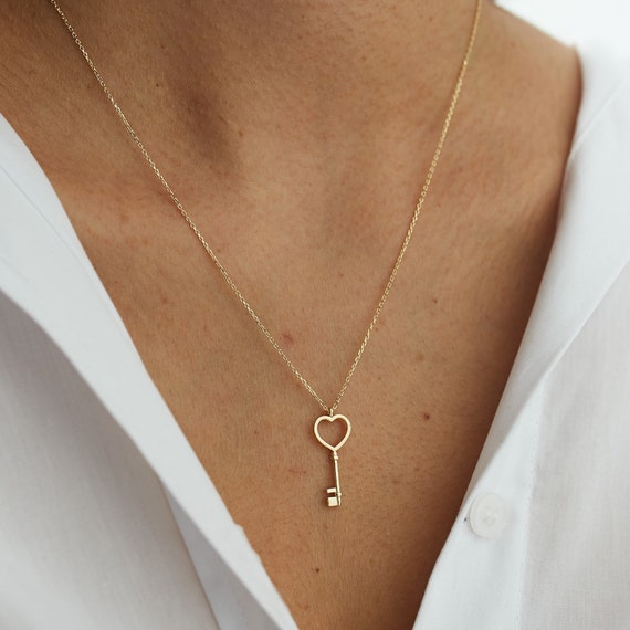 Gold Heart Key Necklace Open Heart Key Pendant 14K Gold Layering