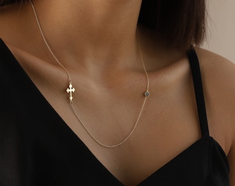 14K Gold Cross & Evil Eye Necklace: Dainty Minimalist Chain