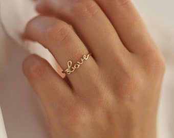 14K Solid Gold Love Ring, Dainty Gold Ring, Gift for Her, Valentine's Day, Minimal Jewelry, Stacking Ring, Anniversary Gift, Love, Promise