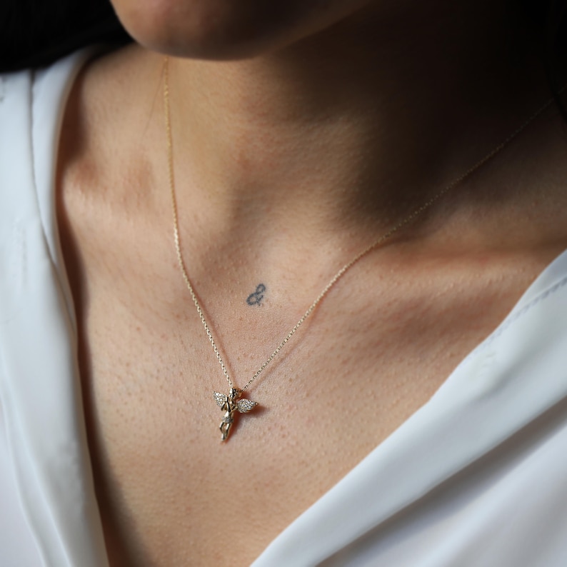 14k Gold Angel Pendant, Gold Cherub Necklace, Zirconia Diamond Pendant, Gift for Her, Minimal Everyday Jewelry, Layering Chain image 3