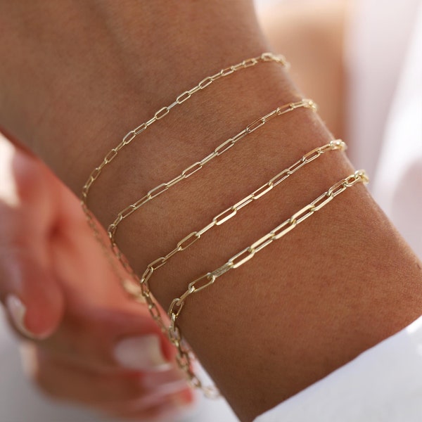 14K Solid Gold Gold Paperclip Bracelet, Bold Link, Staple Chain, Rectangle Link, Elongated Link, Layering Chain, 1.6mm, 1.7mm, 1.9mm, 2.65mm