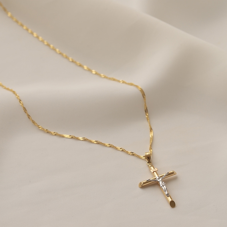 14k Gold Cross Pendant Singapore Chain Necklace Religious Etsy