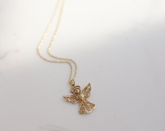 14Kゴールドレースエンジェルネックレス：繊細な守護者チャーム - Etsy