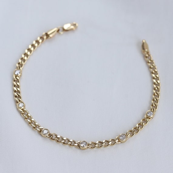 Diamond Curb Chain Bracelet Diamond Bezel Dainty Bracelet