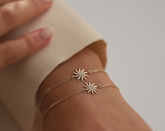 Mini Sun Bracelet, 14K Gold Bracelet, Celestial, Gift for Her, Real Gold Jewelry, Stacking Bracelet, Dainty Chain, Charm Bracelet, Star