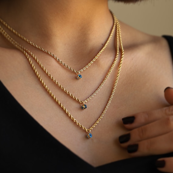 14K Gold Mini Evil Eye Pendant 14K Real Gold Rope Chain Necklace Gift for Her Good Luck Charm Layering Necklace Rope Chain Birthday