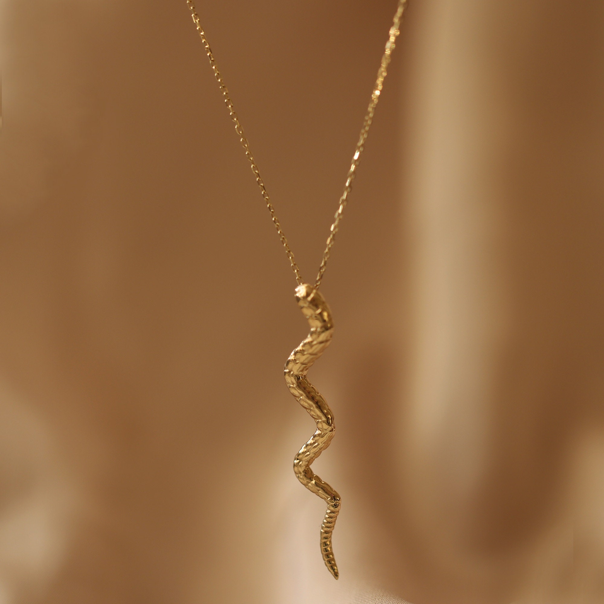 14K Gold Snake Pendant, Serpent Necklace, Symbolic Jewelry 14K Gold Snake Pendant, Serpent Necklace, Symbolic Jewelry