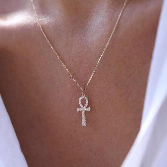 14K Gold Diamond Ankh Necklace, Symbol of Life Pendant