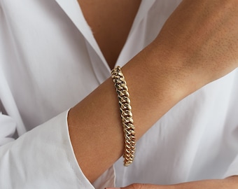 14K Gold 9mm Cuban Link Bracelet, Unisex Curb Chain