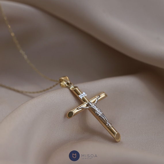 14k Gold Cross Pendant, Thin Chain Necklace, Religious Jewelry