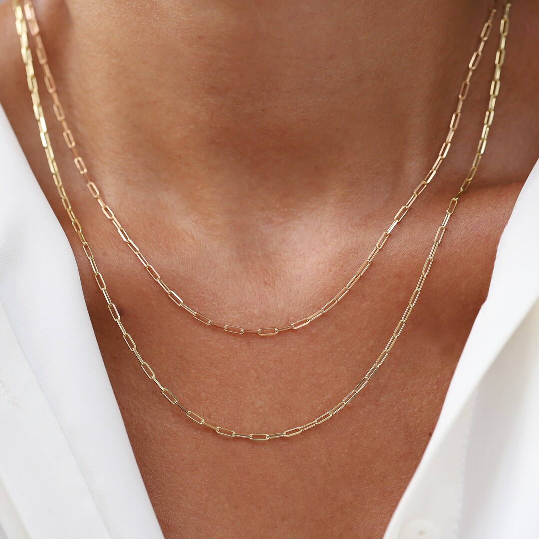 14K Solid Gold Paperclip Chain, Rose Gold Staple Chain, Small Link ...