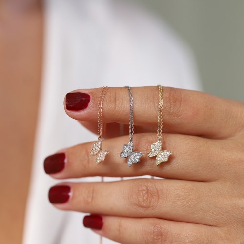 Dainty Butterfly Necklace Enamel Pendant 14K Gold Gift for Etsy