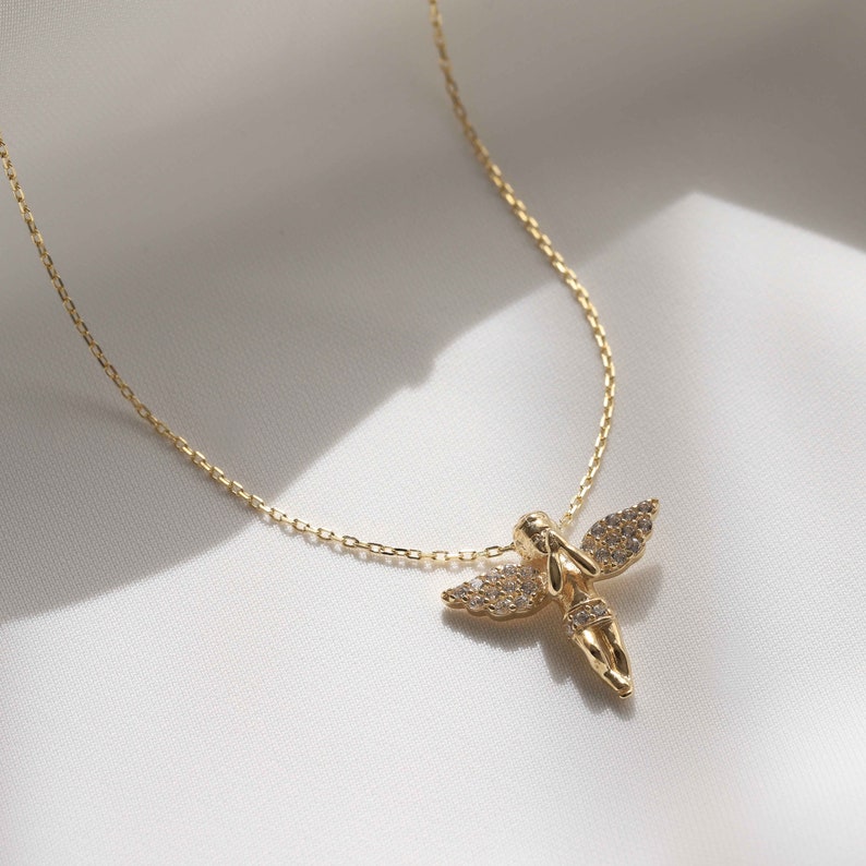 14k Gold Angel Pendant, Gold Cherub Necklace, Zirconia Diamond Pendant, Gift for Her, Minimal Everyday Jewelry, Layering Chain image 4