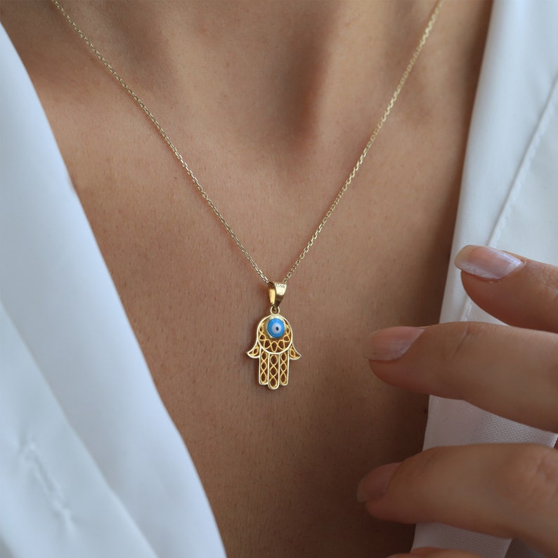 Dainty Hamsa Necklace Hand of Fatima 14K Gold Turquoise Etsy
