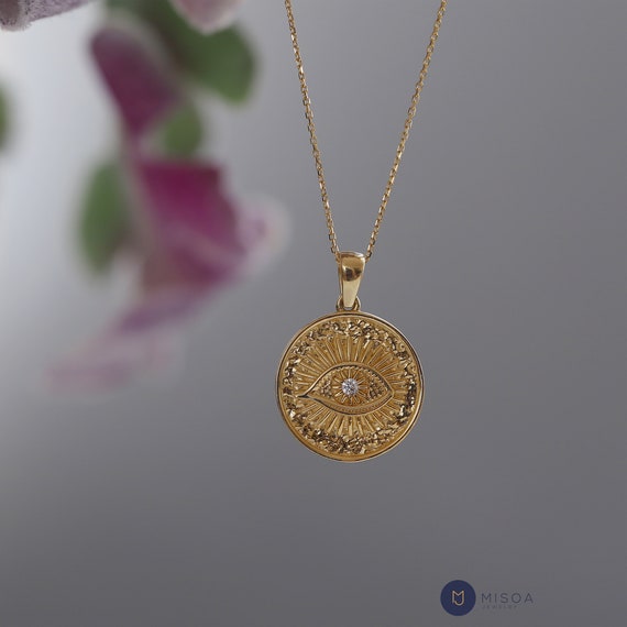 14k Gold Big Gold Medallion Necklace 14K Gold Medallion Sun