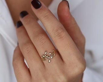 14K Gold Olive Leaf Ring, Minimal Stackable Ring, Wrap Ring, Branch, Mother&#39;s Day, Birthday Gift, Simple Gold Ring, Gift for Her, Rose Gold
