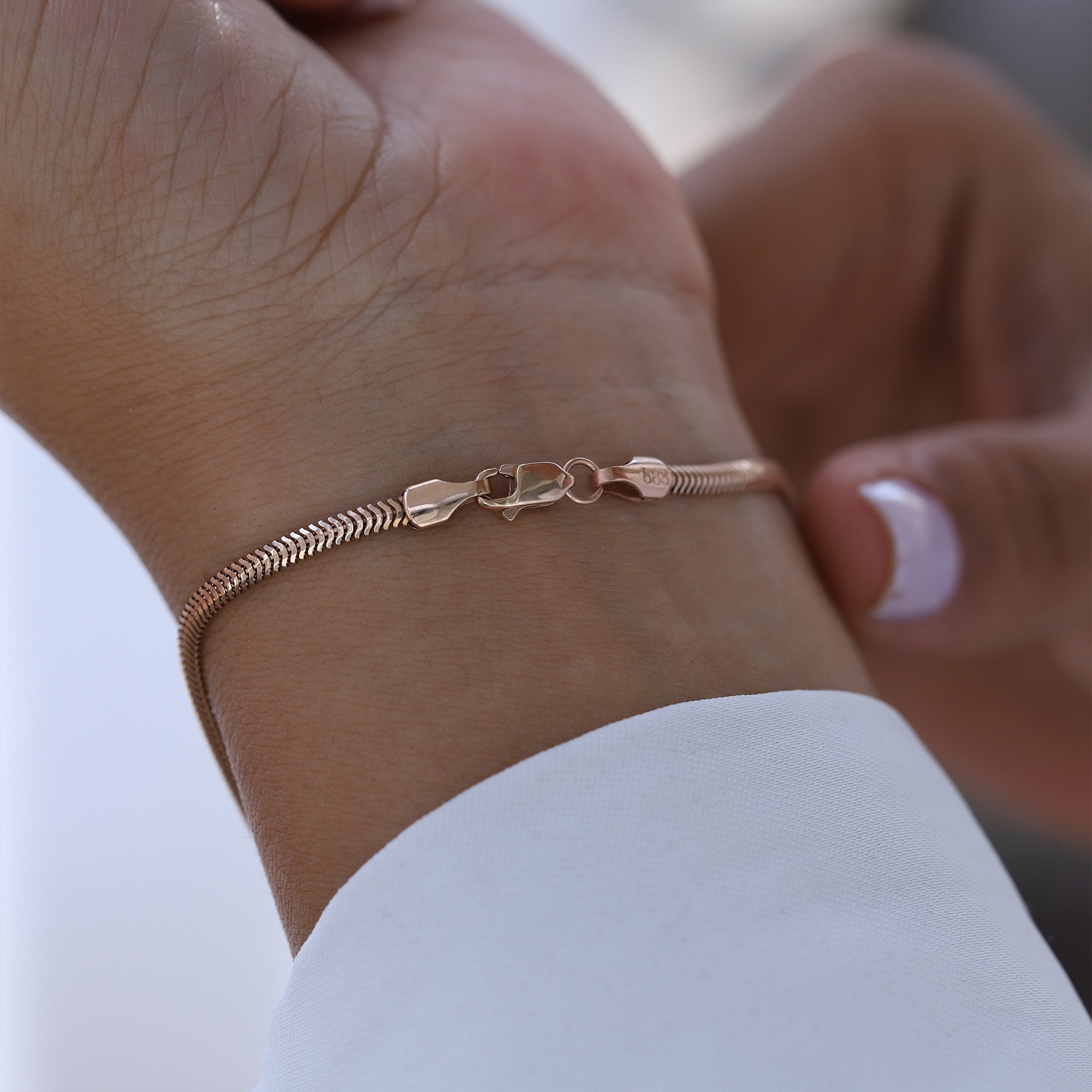 Rose Gold Snake Chain Bracelet 14K Pipe Chain Layering Etsy