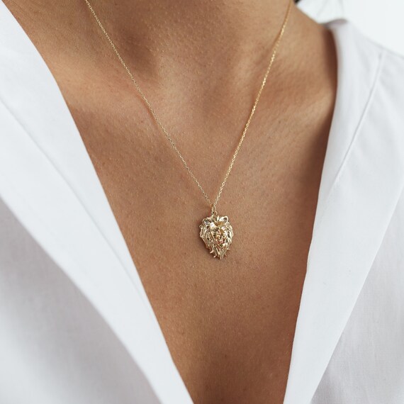 14K Gold Lion Head Necklace Leo Zodiac 
