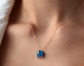 Blue Elephant Necklace, Enamel, Good Luck Charm, Emerald, Dainty Minimalist Jewelry, 14K Gold Necklace, Layering Necklace, Birthday Gift