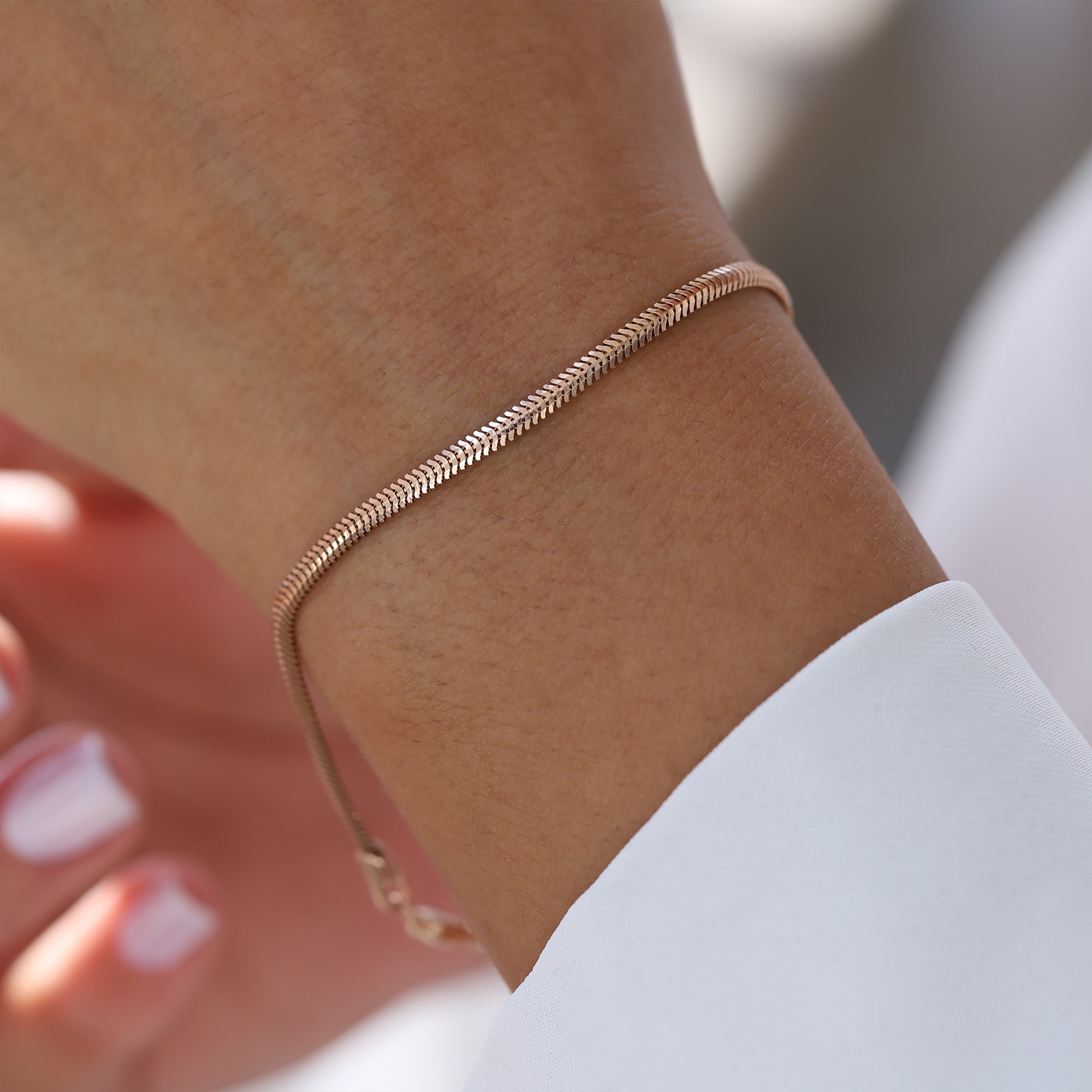 Rose Gold Snake Chain Bracelet 14K Pipe Chain Layering Etsy