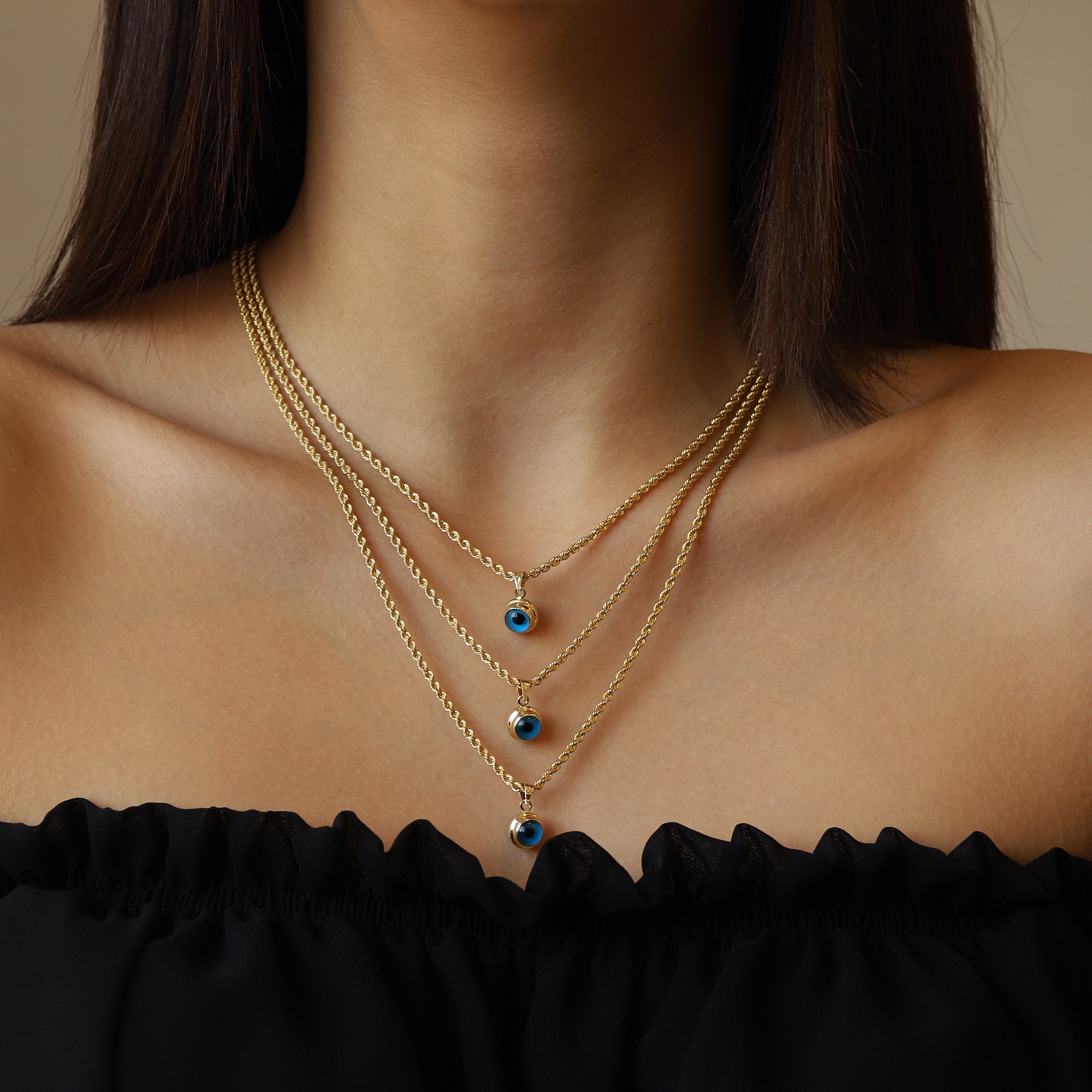 14K Gold Evil Eye Necklace Rope Chain 