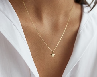 Mini Star Necklace, 14K, Plain Gold Star, Celestial Jewelry, Layering Necklace, Gift for Her, Gold Chain, Star Jewelry, Minimal, Flat Star