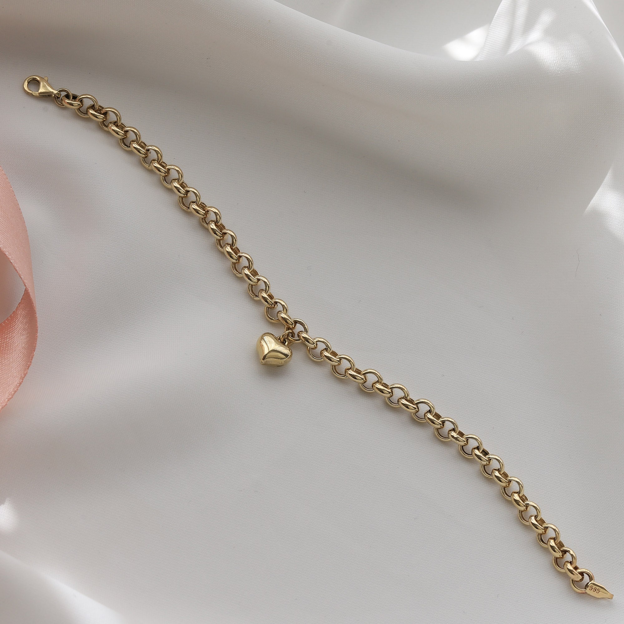 Gold Heart Charm Bracelet 14k Gold Rolo Chain Love Bracelet | Etsy