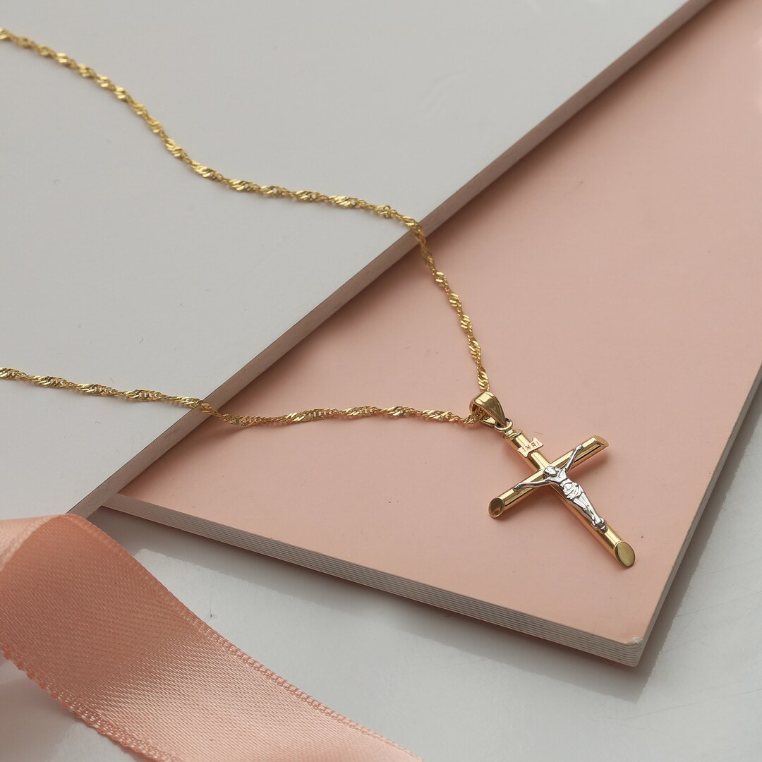 14k Gold Cross Pendant, Singapore Chain Necklace, Religious